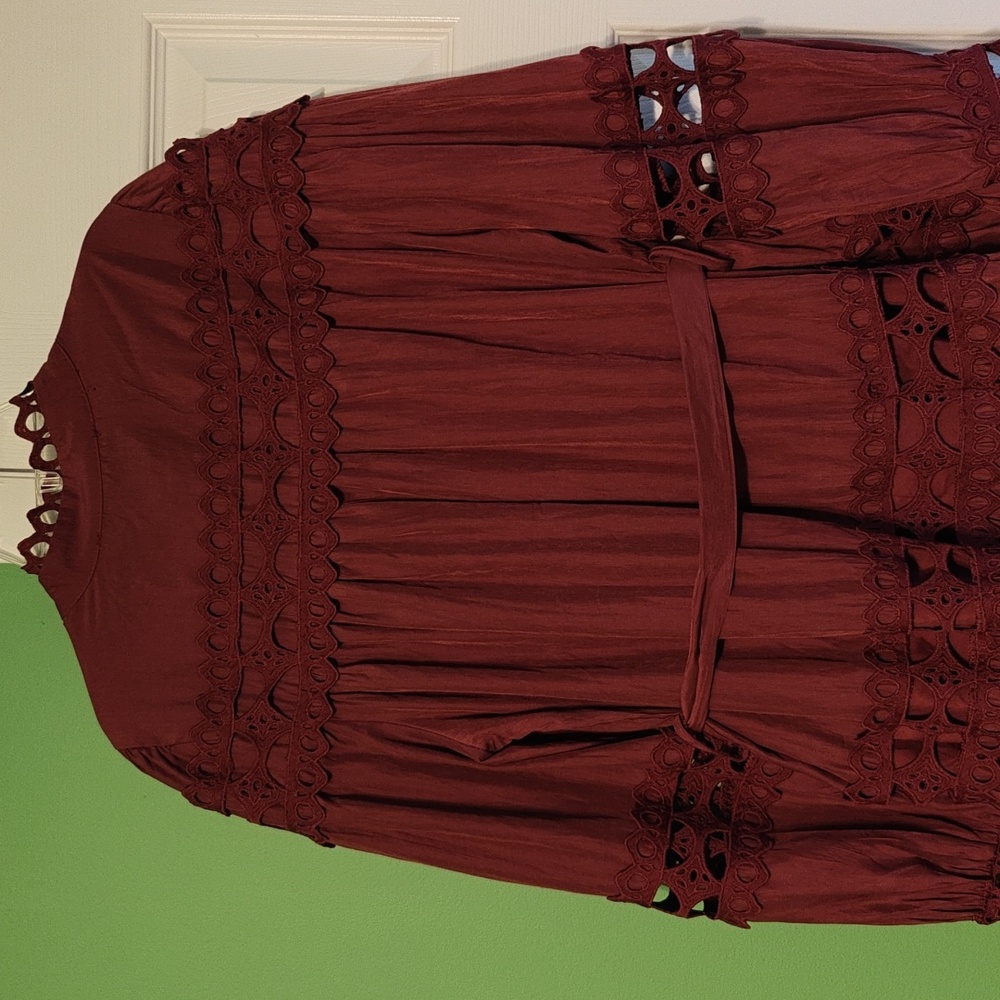 Burgundy Long Sleeve Crochet Trim Dress - Picture 7 of 15